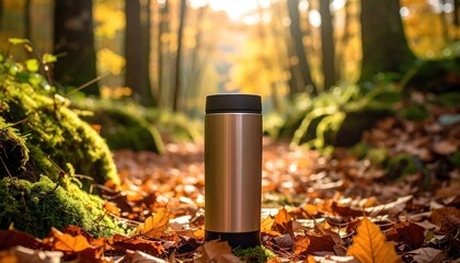  Thermo mug in front of a forest path covered in leaves