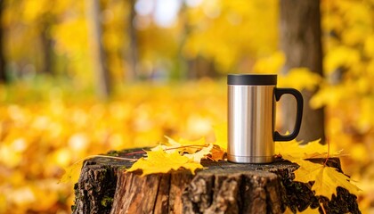 Hot tea in a thermos on moss, background — autumn forest
