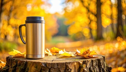Hot tea in a thermos on moss, background — autumn forest