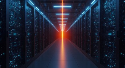 Illuminated data center aisle with glowing blue and orange lights creating a futuristic technological pathway