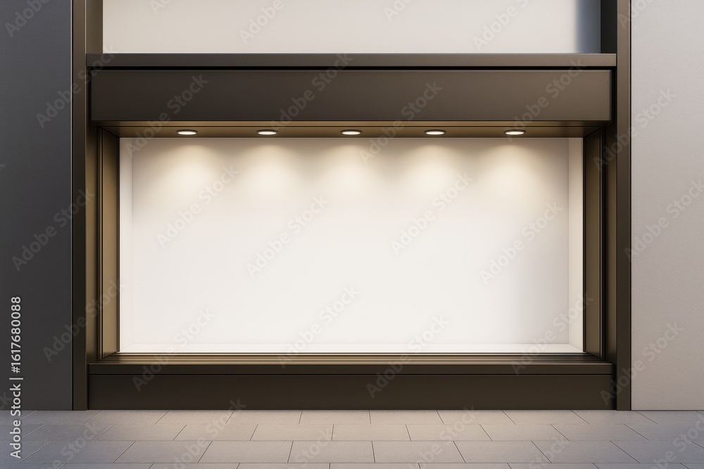 Poster empty illuminated store display window with clean white background and dark metal frame for product 