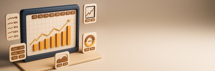 Abstract 3D-style business analytics dashboard with bar and pie charts on beige background, perfect for copyspace and promotional design concepts.