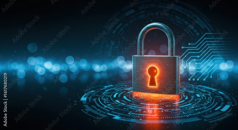 Poster digital security concept featuring a glowing padlock symbolizing data protection and cyber defense s