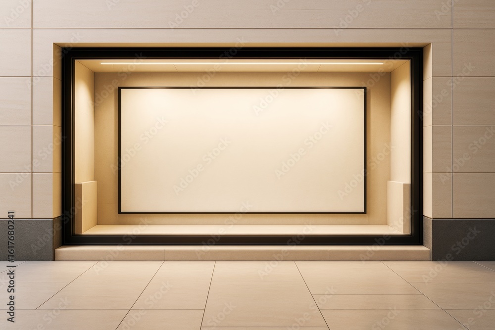 Poster empty lighted shop window display with blank poster frame for advertising and branding mockup in mod