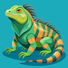 Fototapeta premium Vibrant green iguana with orange stripes on blue background