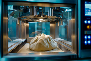 Dough rising inside a modern dough mixer in a commercial kitchen  