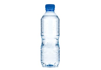 Clear plastic bottle of water with blue cap isolated on white background