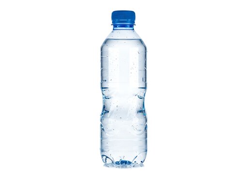 Clear plastic bottle of water with blue cap isolated on white background