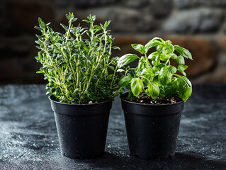 Fototapeta premium Fresh Herbs Thyme and Basil in Black Pots on Dark Stone Surface