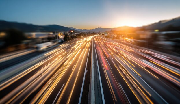Highway at sunset, blurred motion