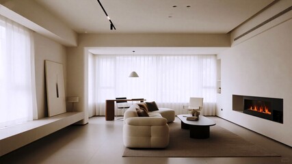 Fototapeta premium Modern living room with fireplace, stylish furniture, and soft lighting creating a cozy, inviting atmosphere perfect for relaxation and luxury living