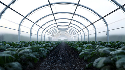 Greenhouse filled with rows of young leafy greens.  A long,  tunnel-like structure, clear  plastic panels,  dark soil,  evenly spaced plants
