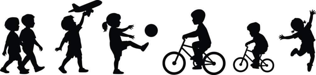Silhouette of happy children playing with ball, toy airplane, riding bicycles and jumping outdoors, enjoying fun and active childhood moments