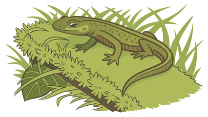 Fototapeta premium Green lizard resting on a mossy branch surrounded by grass