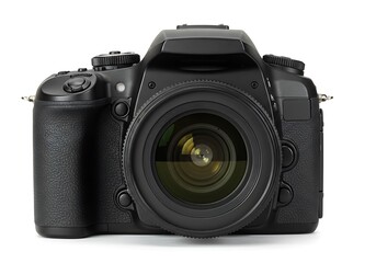 Black dslr camera with lens isolated on white background