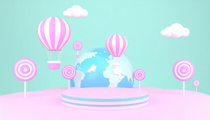 A cartoon illustration of colorful hot air balloons flying over a landscape with hills and clouds
