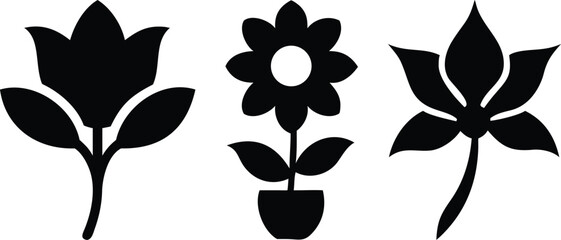 stylized black flower silhouettes, minimalist floral illustration, simple botanical line art, monochrome flower icons, abstract plant shapes, graphic natural motifs
