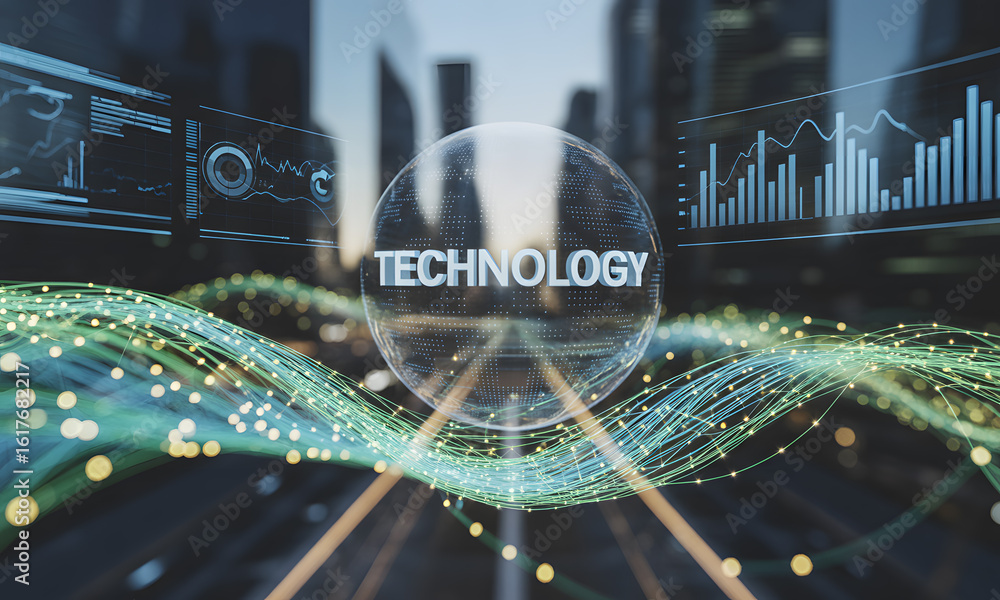 Poster futuristic digital technology concept with data streams and urban background