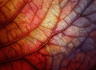 Obraz premium Close-up of a vibrant leaf with detailed veins creates a textured and organic background. Warm hues blend creating a natural, abstract pattern.