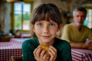 Young girl smiling while holding a pastry in a rustic kitchen  