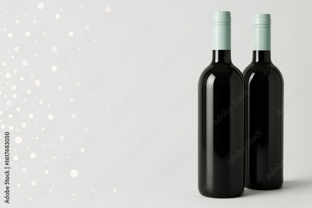 Poster two elegant wine bottles on light background with abstract dots and empty copy space for branding, a