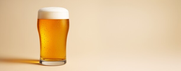 Cold pint of golden beer with frothy head on light background with copy space for advertising or promotional drink poster design template mockup.