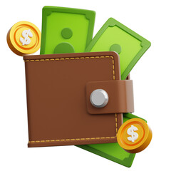 A digital image showcases a wallet overflowing with cash, highlighting themes of wealth, finance, and abundance in a realistic 3D render.