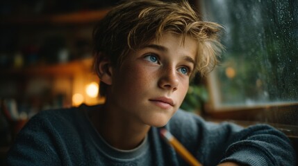 Boy's Introspective Moment: Capturing the contemplative gaze of a young boy. bathed in natural light, lost in thought by a window on a rainy day, evoking a sense of serenity.