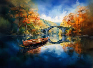 A serene landscape featuring a stone bridge over a calm river with a wooden boat floating nearby. Autumn trees with vibrant foliage frame the scene against a bright background.