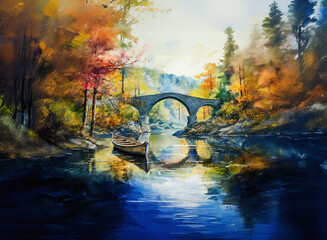 A stone bridge arches over a calm river, reflecting autumn trees with vibrant foliage. Forest and mountain background enhance the scenic landscape.