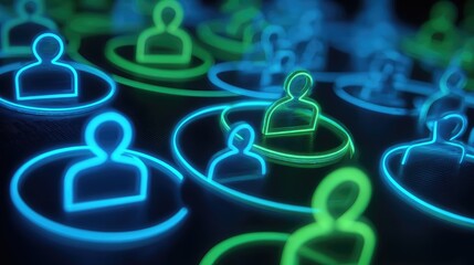 Glowing networked people icons in blue and green against a dark background with circular outlines