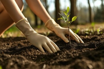 Hands planting tree seedling, sunrise, earthy tones