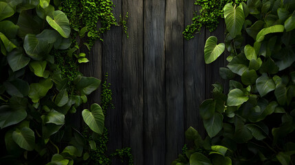 Dark wooden planks framed by vibrant greenery. Lush foliage surrounds a textured, aged wood surface, creating a tranquil, natural backdrop