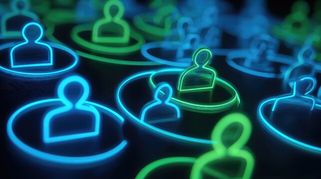 Glowing networked people icons in blue and green against a dark background with circular outlines