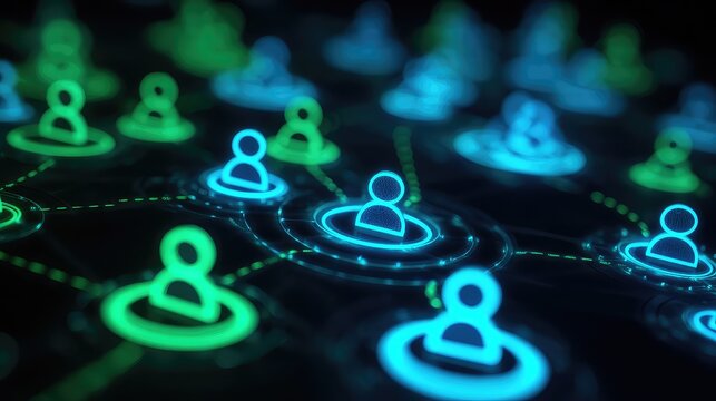 A network of glowing user icons connected by dotted lines in shades of blue and green on a dark background
