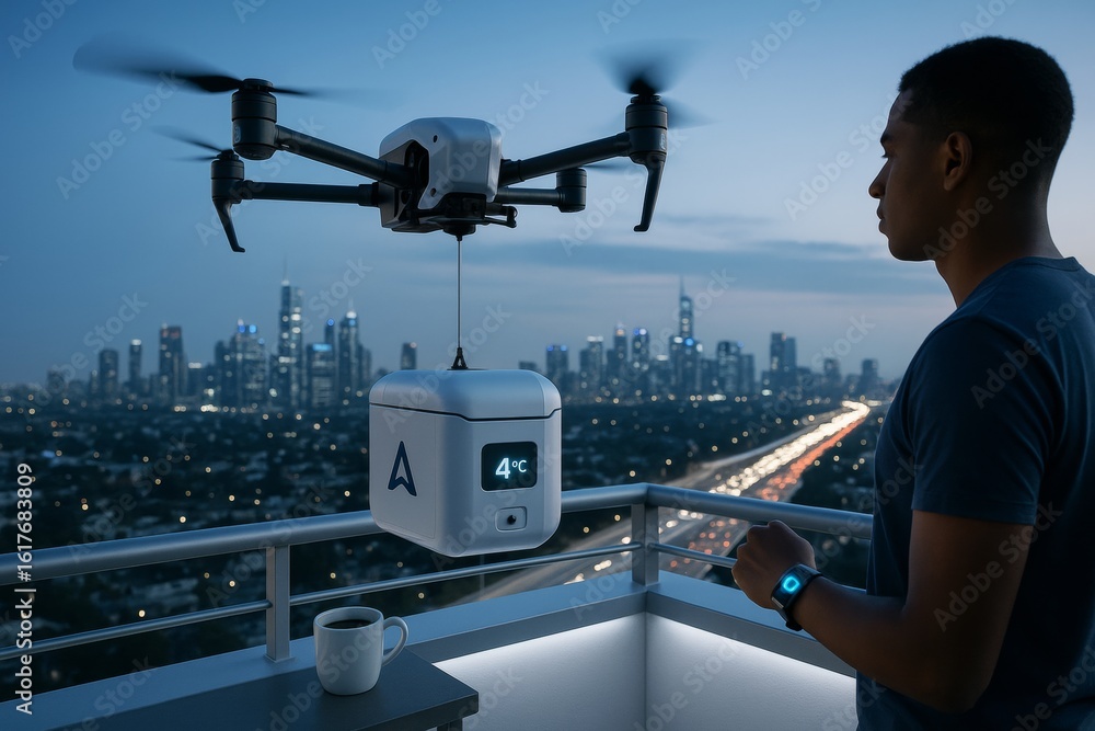 Poster man receiving temperature-controlled delivery via drone on balcony overlooking illuminated cityscape