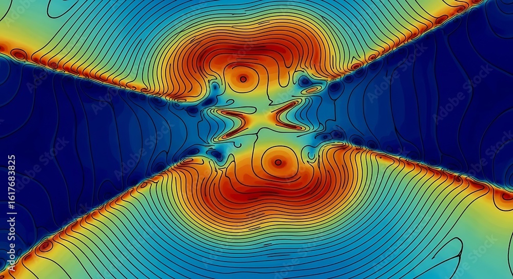 Poster dynamic visualization of complex scientific data showing fluid dynamics and energy flow patterns