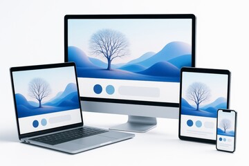 Multiple digital devices displaying a creative blue landscape background on screens in a clean, light technology environment. Ai generative
