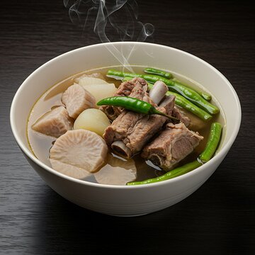  bowl of Filipino Sinigang na Baboy (sour pork soup) with tender pork ribs, tamarind broth, radish, long beans, and taro, garnished with green chili, on a dark wooden background