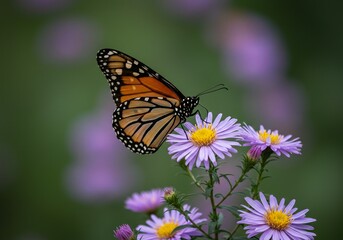 Naklejka premium A monarch butterfly rests on a purple aster flower