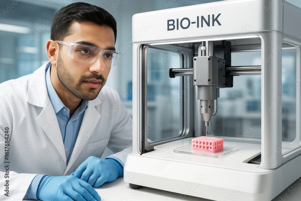 Poster scientist observing bioprinter creating tissue structure using bio-ink in laboratory setting on ligh