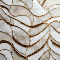 Abstract marble pattern with gold lines.  Detailed,  flowing lines in white and beige marble, outlined with gold.  Textured surface,  repeating design