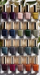Variety of nail polishes in gold-capped bottles