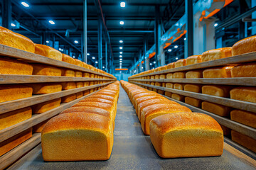 Freshly baked bread loaves arranged in industrial bakery setting  