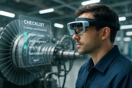 Engineer using augmented reality headset for turbine maintenance checklist in high-tech industrial background environment. Ai generative