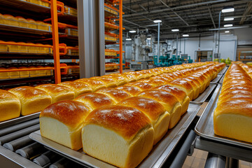 Freshly baked loaves of bread in industrial bakery with equipment  
