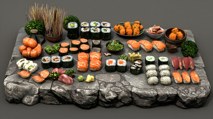 Extensive sushi platter displays a variety of rolls, nigiri, and sashimi arranged on a natural stone surface.  Fresh ingredients, including fish, rice, and vegetables, are showcased,