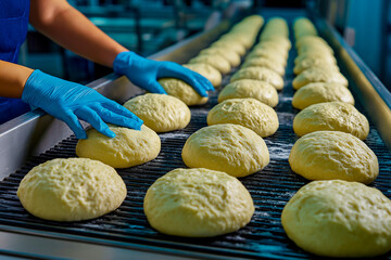 Baker handling dough on production line in commercial bakery