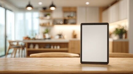 A tablet computer sits on a wooden table in a modern kitchen