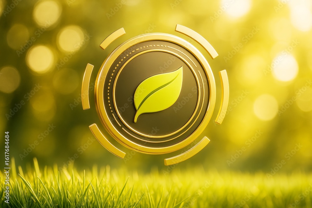 Aufkleber eco-friendly digital coin with green leaf icon floating above grass in glowing yellow abstract envir